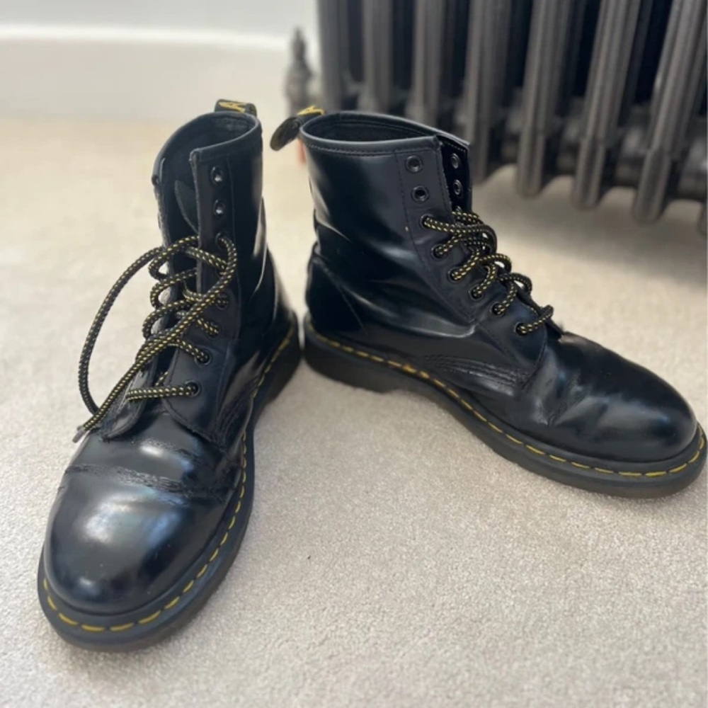 Dr. Martens Glossy Black Boots with Yellow Stitching